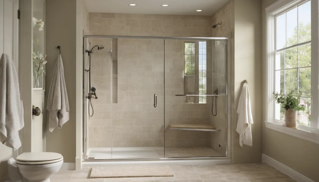 Smiling older homeowner stepping into a bright walk-in shower with a seat and grab bar in a Manassas home